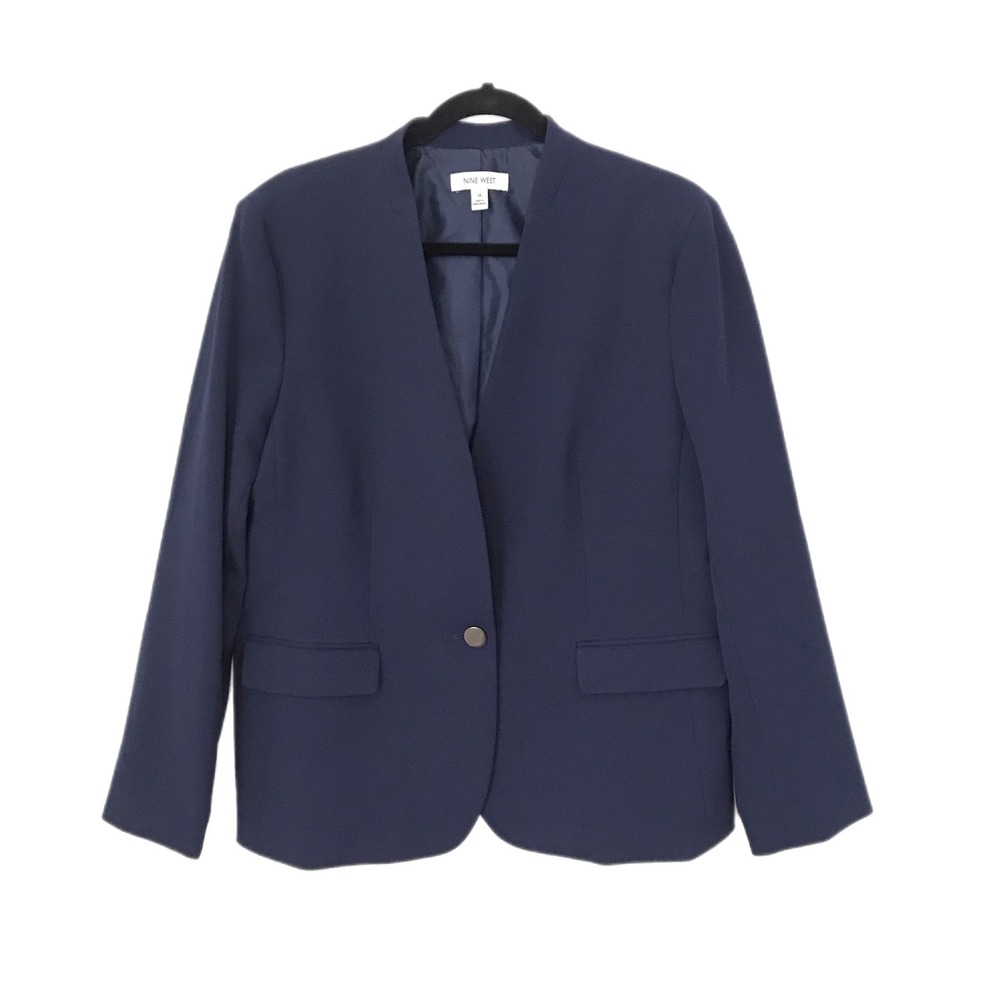 Nine West Blazer Navy Blue Size 14 Collarless Lined One Button Career Jacket